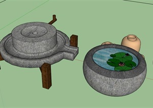 石磨、陶罐、水钵小品设计SU(草图大师)模型