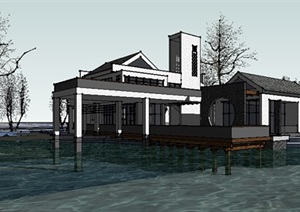 简约中式风格水中别墅建筑设计SU(草图大师)模型