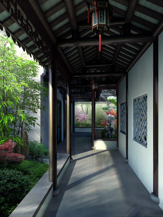 中国古典园林廊道空间效果图psd格式原创