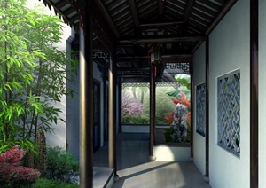 中国古典园林廊道空间效果图PSD格式