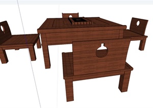 全木质详细的桌凳设计SU(草图大师)模型