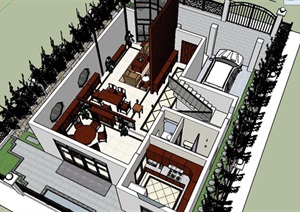 加富花园中式别墅建筑及室内空间设计SU(草图大师)模型