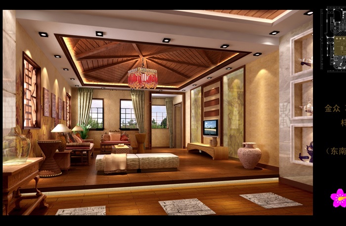 东南亚风格室内空间设计cad施工图及效果图(2)