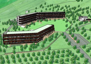 现代山地酒店建筑设计SU(草图大师)模型含总平图