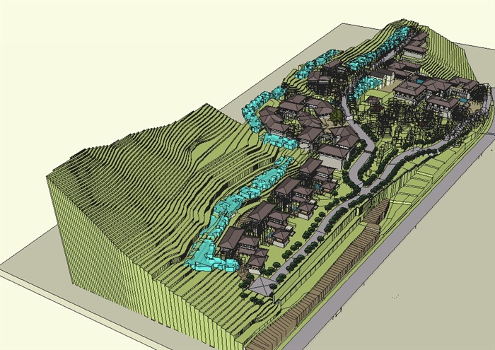 一个依山而建的唐风度假山庄建筑设计su模型(3)