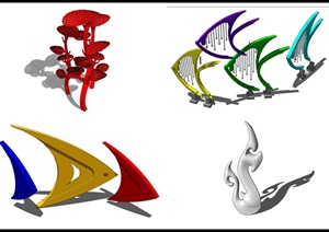 花，热带鱼，火焰雕塑SU(草图大师)模型