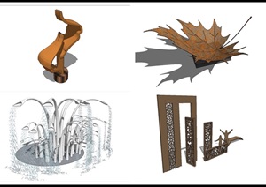 树根，叶子，喷泉，雕花栅格雕塑SU(草图大师)模型
