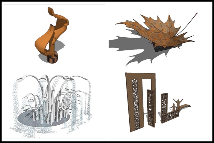 树根，叶子，喷泉，雕花栅格雕塑SU模型