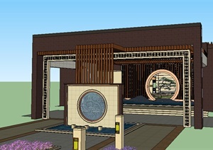 中式风格入口精美廊架组合景观SU(草图大师)模型