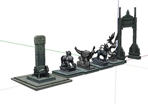 中式牌坊、动物雕塑素材SU(草图大师)模型