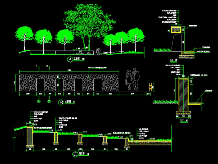 园林景观详细的挡墙设计cad施工详图
