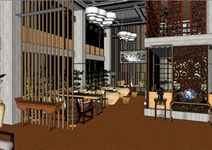 现代中式餐饮空间详细设计3d模型