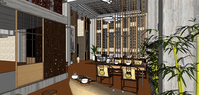现代中式餐饮空间详细设计3d模型
