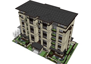中式多层详细住宅楼设计SU(草图大师)模型