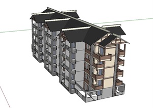 中式多层详细的住宅楼SU(草图大师)模型