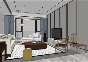 现代中式住宅室内空间装修完整设计SU(草图大师)模型