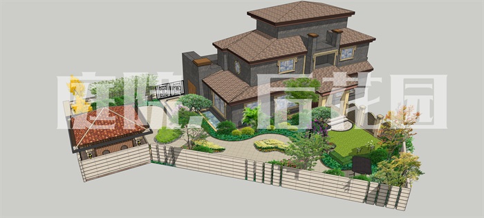 欧式景观庭院后花园及别墅设计su模型（含效果图，彩平psd）