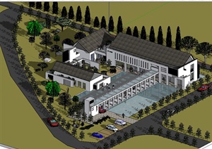 中式水厂办公楼SU(草图大师)模型