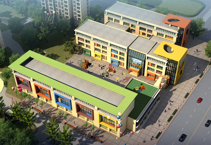 现代风格幼儿园组合院落建筑SU模型
