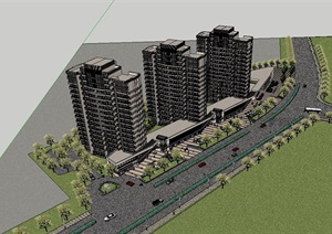 现代高层住宅和沿街商业建筑SU(草图大师)模型