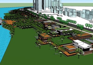 现代滨水公园及建筑设计SU(草图大师)模型