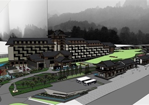 精品现代中式山地度假酒店SU(草图大师)模型