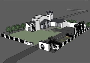 新中式风格别墅建筑以及庭院布置设计SU(草图大师)模型