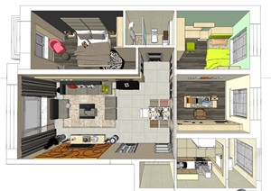 住宅两室一厅一卫室内精细SU(草图大师)模型