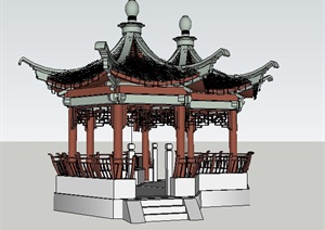 中式六角套亭连亭设计SU(草图大师)模型