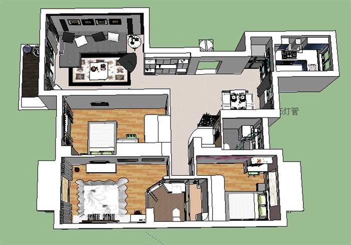 现代风格三居室室内装修设计su模型(4)