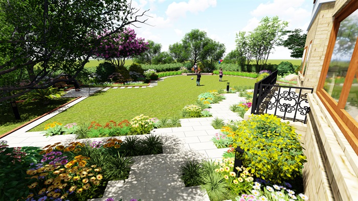 美式庭院及下沉式花园SU模型(2)
