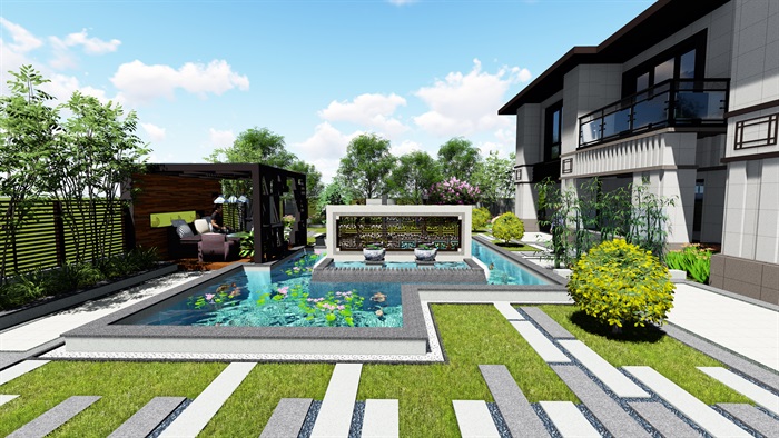 新中式别墅及庭院景观SU模型