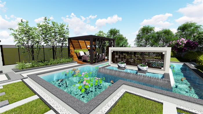 新中式别墅及庭院景观SU模型