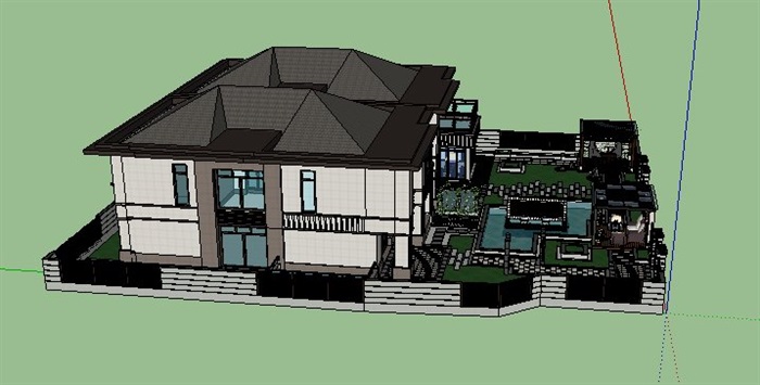 新中式别墅及庭院景观SU模型(9)