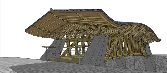 木质中式廊桥SU模型