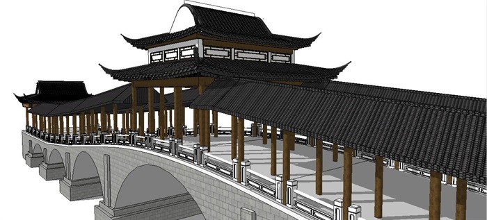 传统精细中式廊桥SU模型