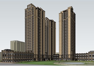 新古典风格的高层住宅和底层商业建筑SU(草图大师)模型