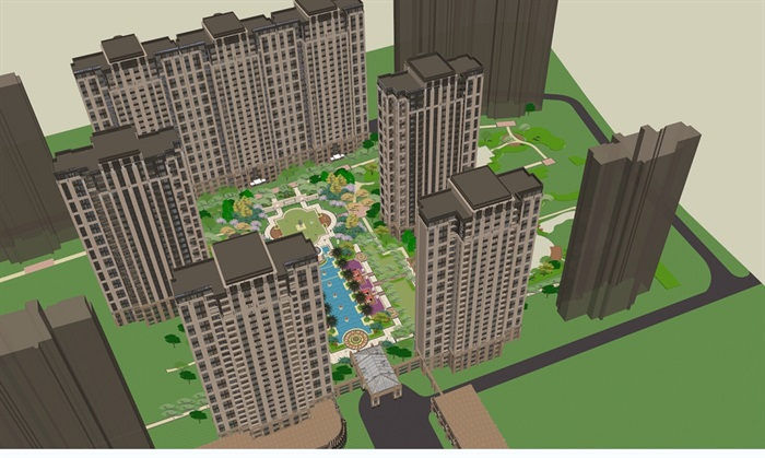 新古典小区高层住宅楼及景观设计su模型(1)