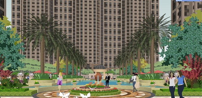新古典小区高层住宅楼及景观设计su模型(2)