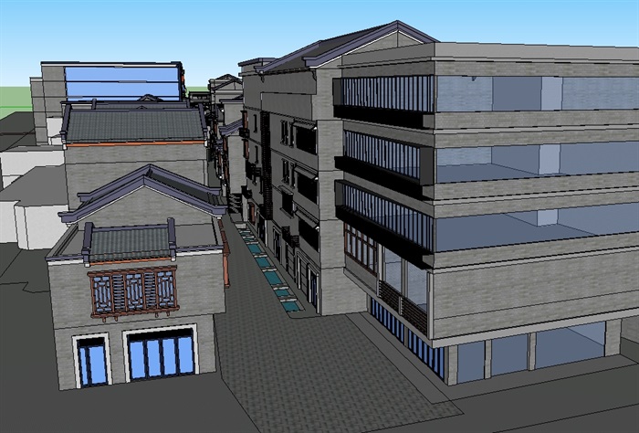 某现代中式详细完整的多层商业街建筑su模型(1)
