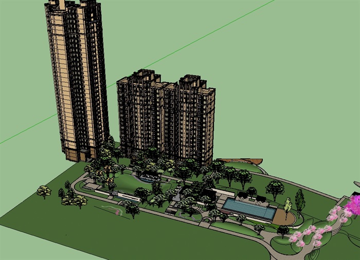 新古典高层住宅楼及景观设计su模型(2)