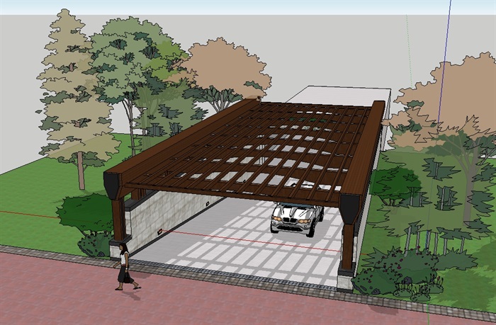 木质车库入口廊架设计su模型(2)
