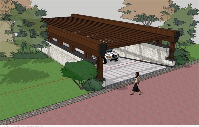 木质车库入口廊架设计su模型(1)