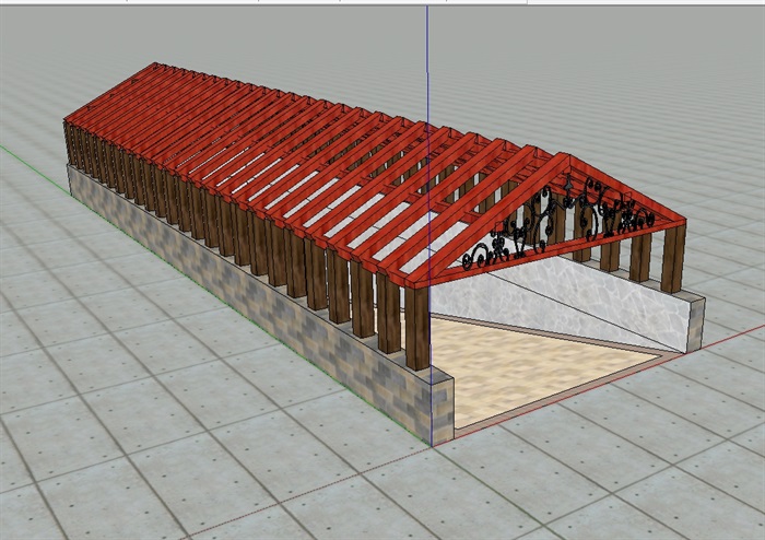 车库入口详细的廊架设计su模型(1)