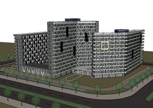 现代厂房工业企业办公楼一体建筑SU(草图大师)模型