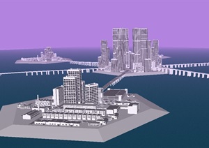 现代水上城市综合体建筑SU(草图大师)模型