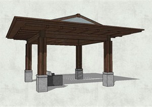 新中式完整详细的亭子设计SU(草图大师)模型