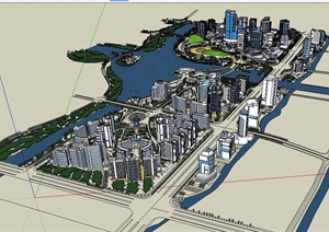 现代独特详细的滨水城市综合设计SU(草图大师)模型
