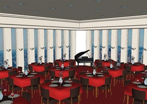 中式风格西餐厅大厅设计SU(草图大师)模型