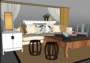 中式风格客厅沙发茶几家具组合SU(草图大师)模型